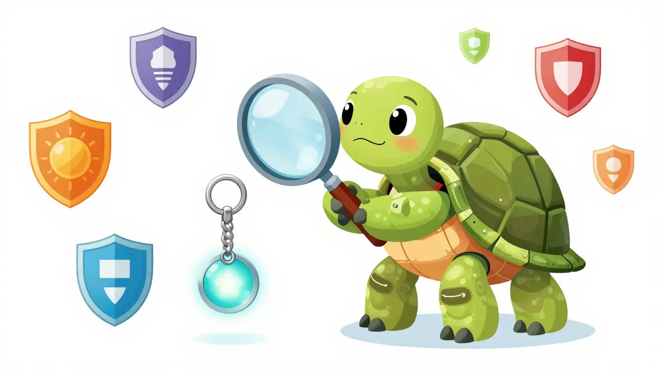 Mechanical turtle inspecting glowing keychain with protective shields.