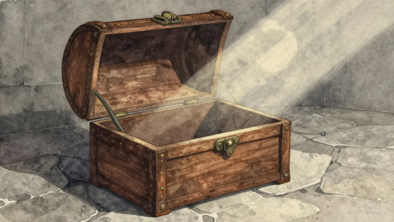 Open empty treasure chest on stone floor illuminated by moonlight.