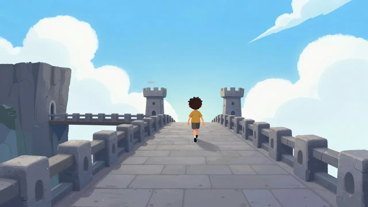 Person walking safely on a solid bridge away from a dark cliff edge.