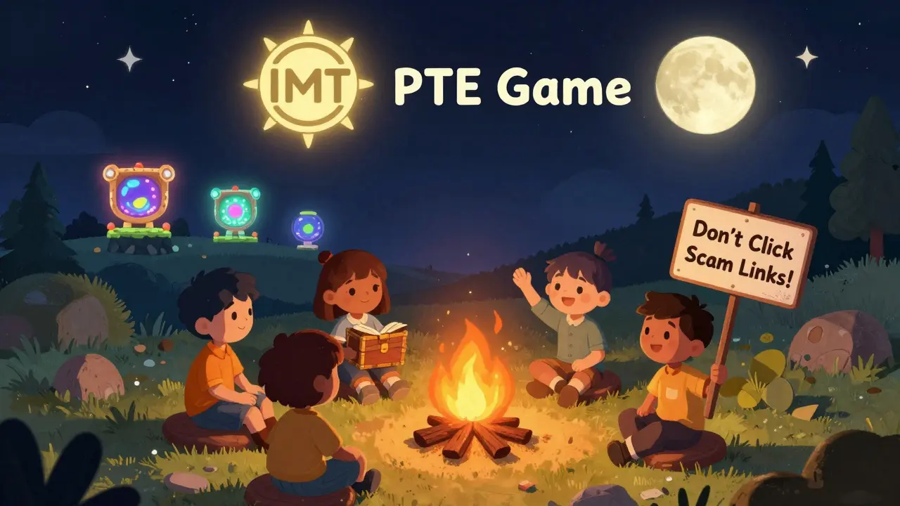 Players around a campfire under a starry sky, warning against scams while future game worlds glow in the distance.