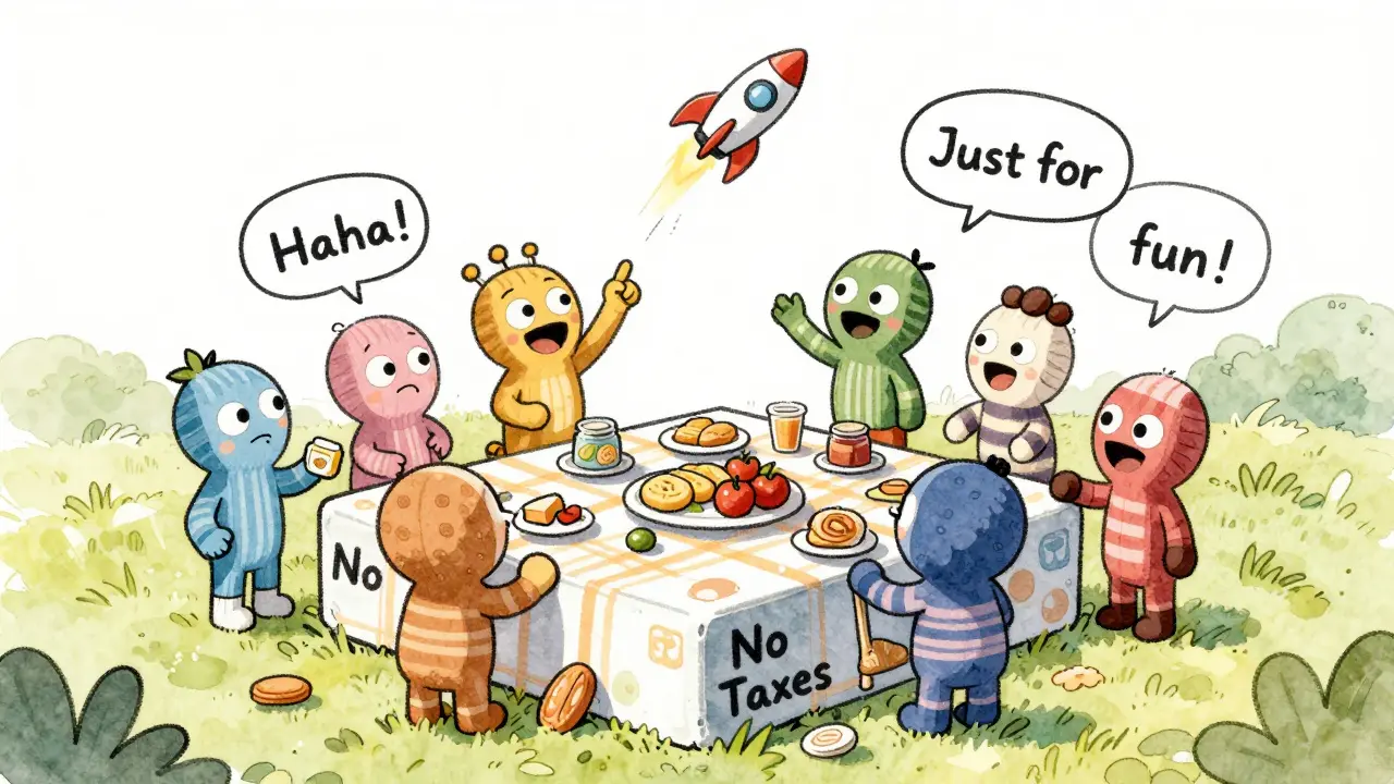 Quirky sock puppets having a picnic on a blockchain block with a Solana rocket overhead.