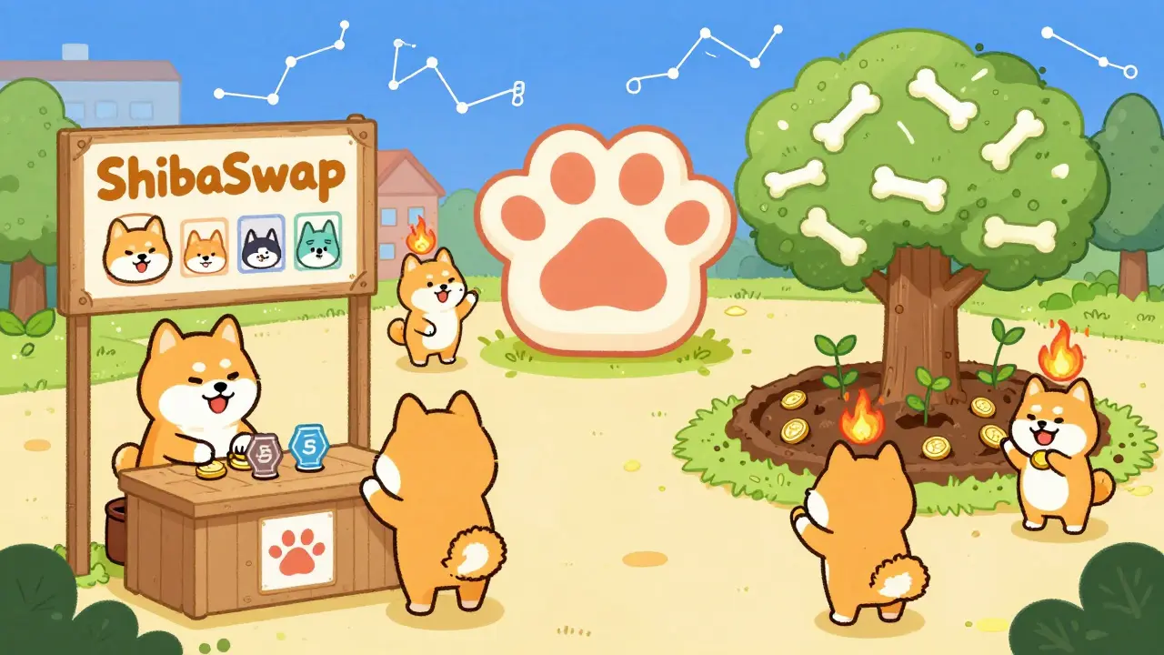 Shiba Inu characters stake tokens, trade NFTs, and vote in a vibrant community square.