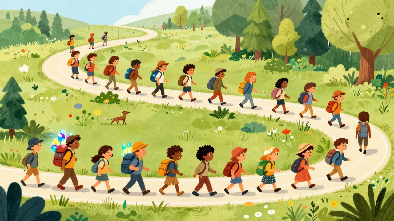 Traveler walks through changing lands followed by companions.