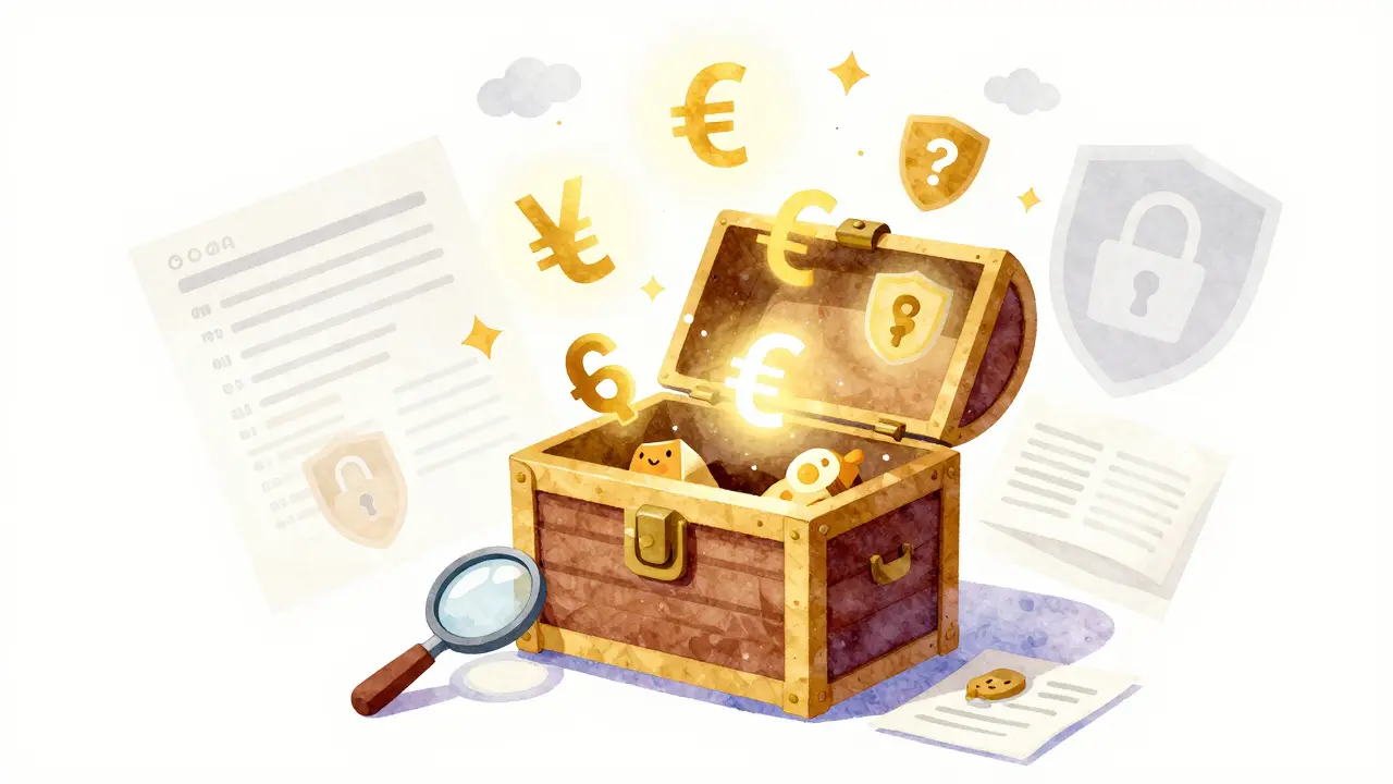 Treasure chest with currency symbols and translucent security shields