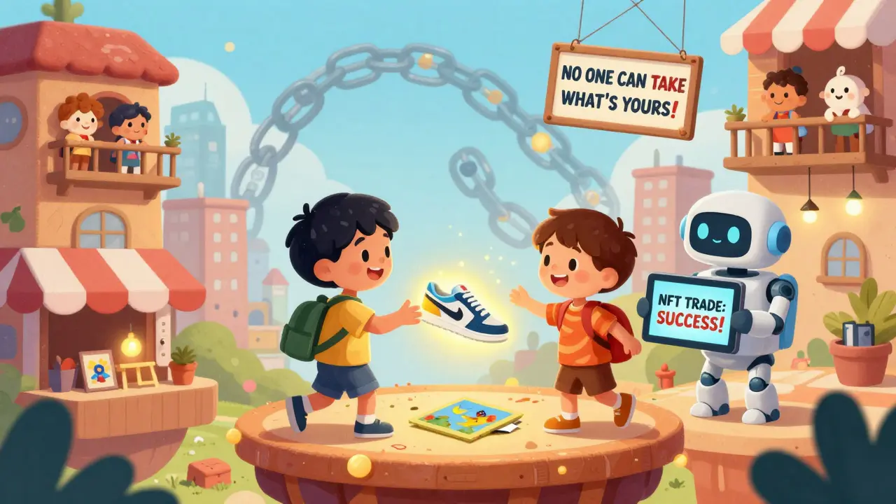 Two kids trade digital items in a marketplace with a robot showing a successful NFT trade on a tablet.