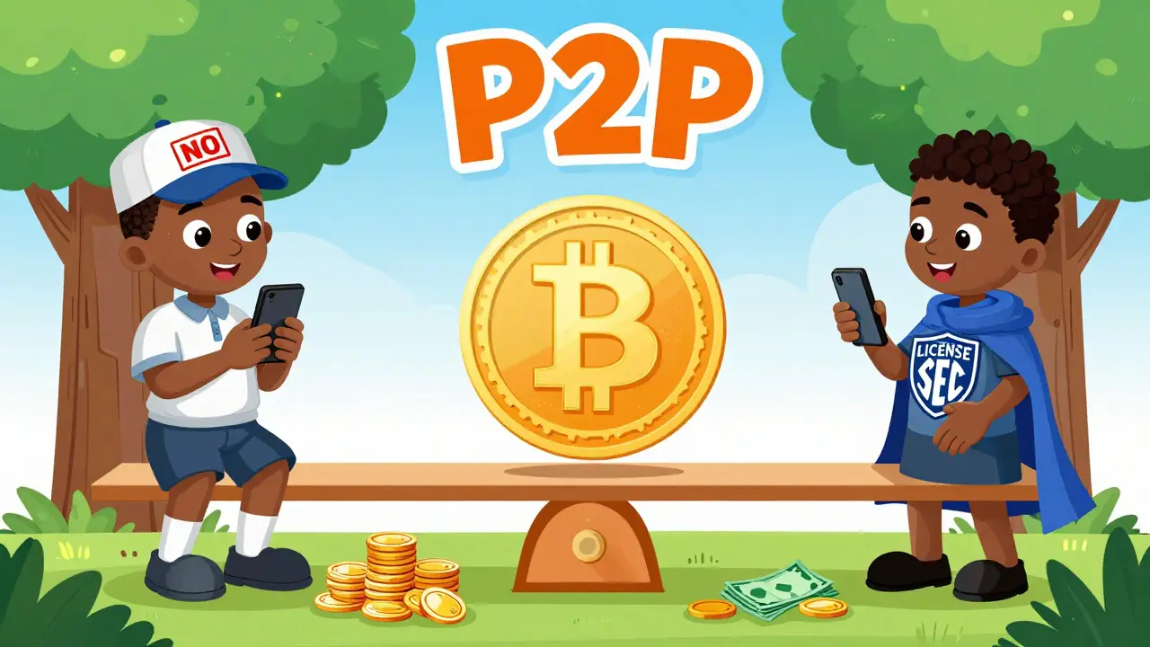 Two regulators on a seesaw balancing a Bitcoin, with people trading crypto using phones and cash.