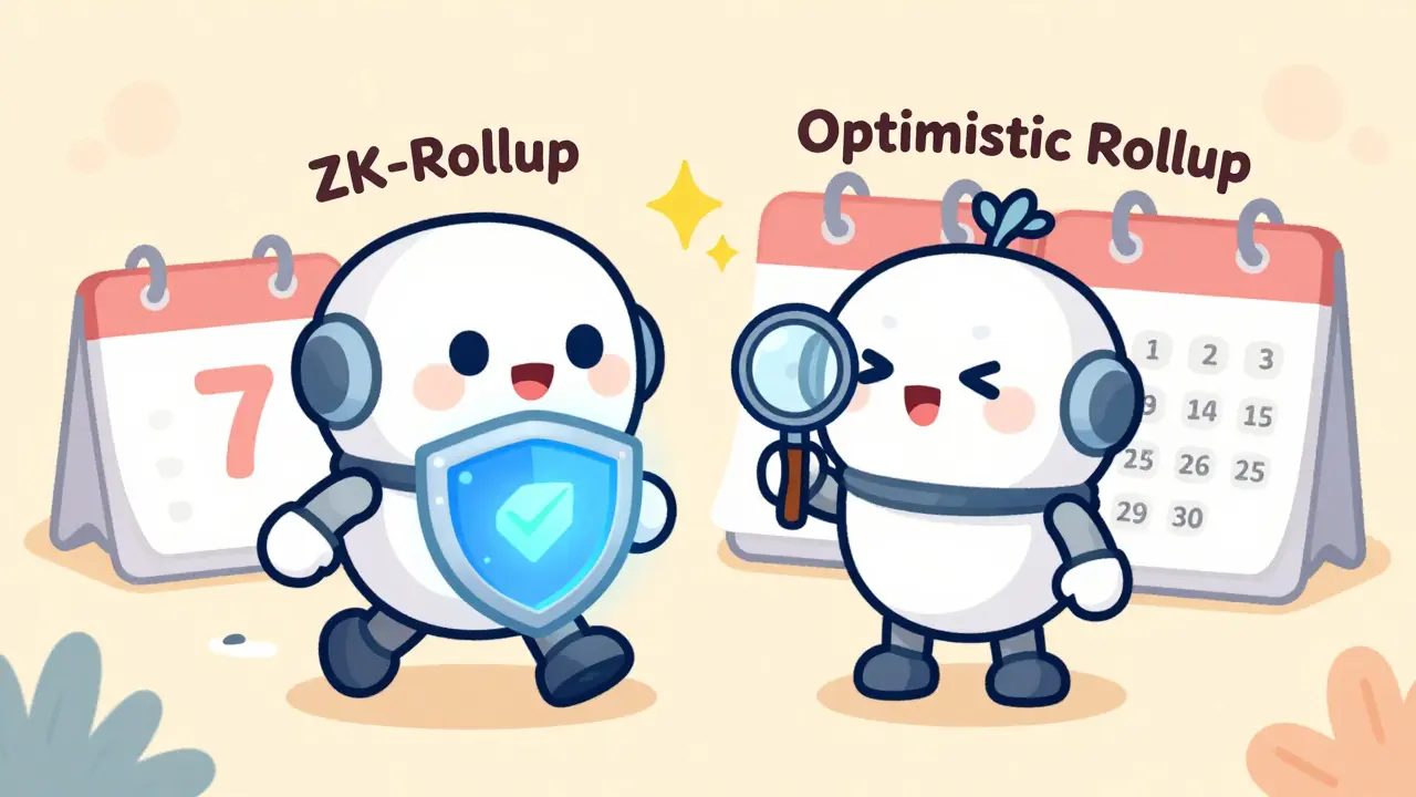 Two robot characters represent ZK-Rollup and Optimistic Rollup, one fast and sparkly, the other slow with a calendar.