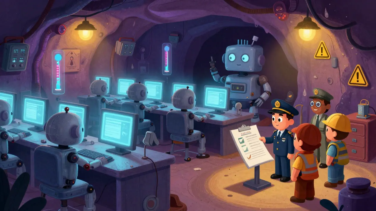 Underground mining operation with servers and regulatory officials reviewing licenses