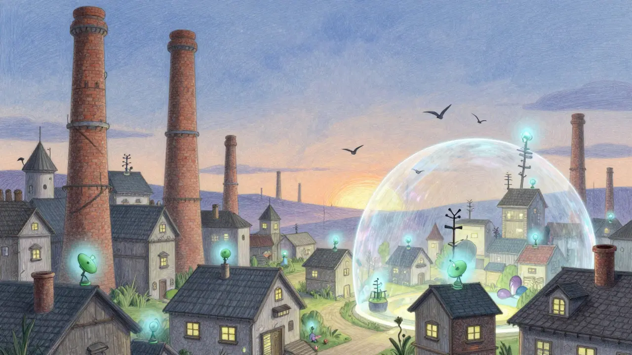 Village with traditional towers and rooftop antennas under protective glowing dome.