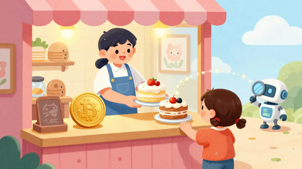A baker accepting a crypto coin for a cake while a small robot scans the transaction trail.