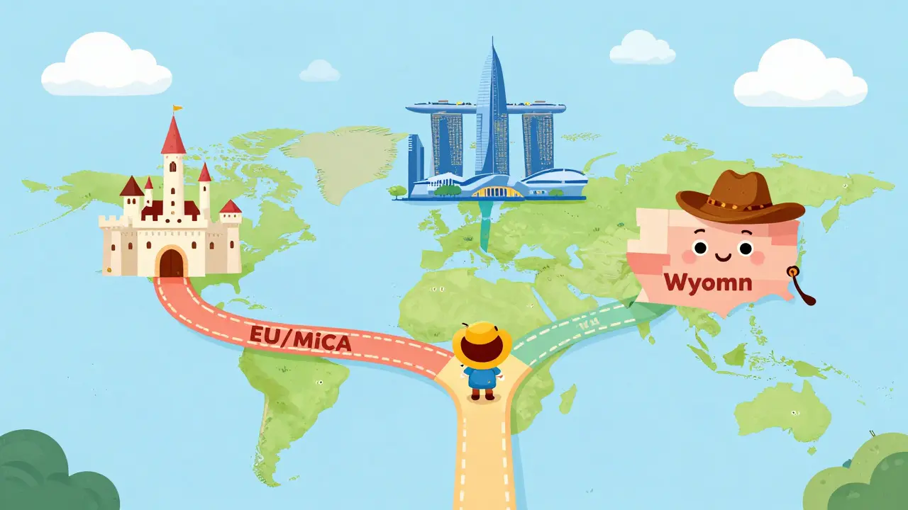 A cartoon character deciding between different global regions on a colorful stylized map.