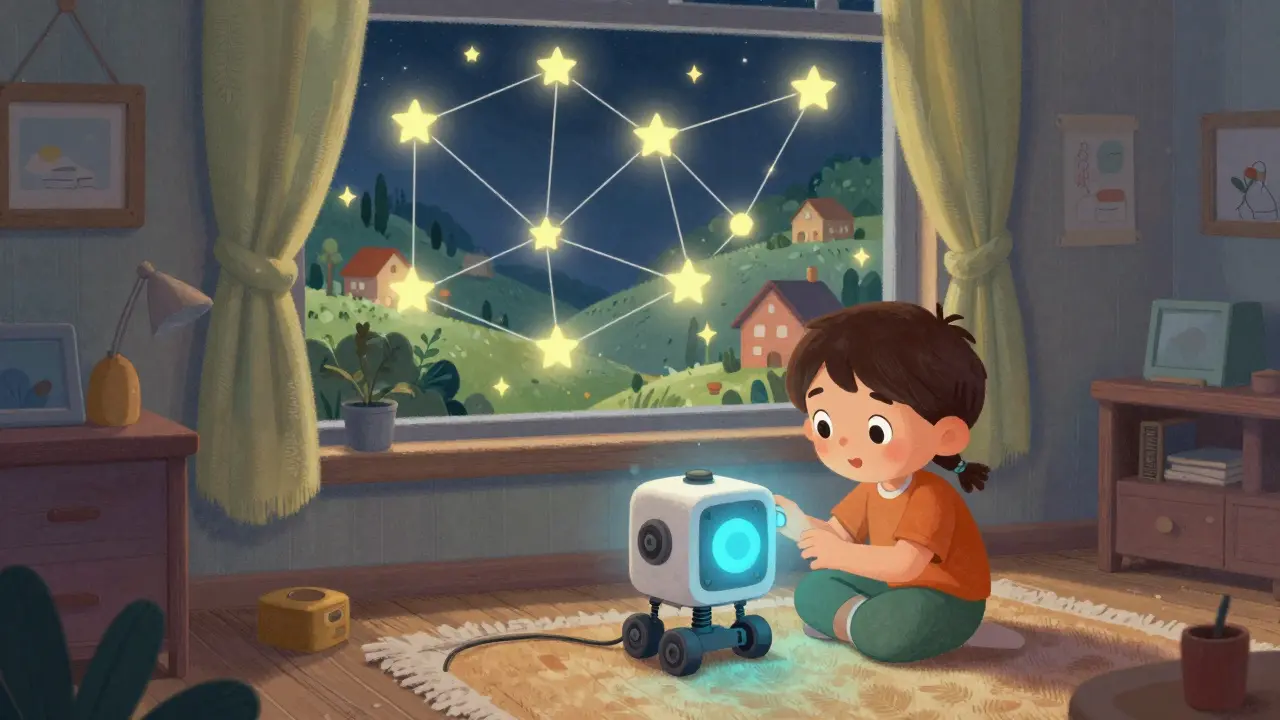 A character setting up a glowing blue robotic node in a cozy room with a twinkling star network outside.