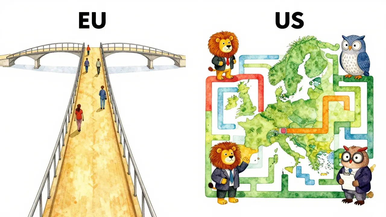 A comparison between a single wide bridge and a complex maze of agency paths.