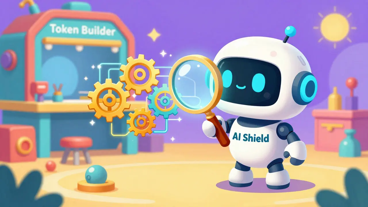 A cute robot using a magnifying glass to inspect glowing golden digital gears.