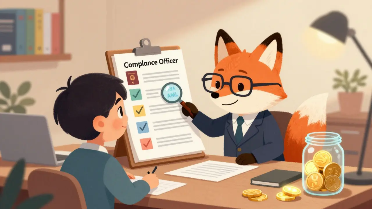 A fox compliance officer helping an entrepreneur with a colorful KYC and AML checklist.