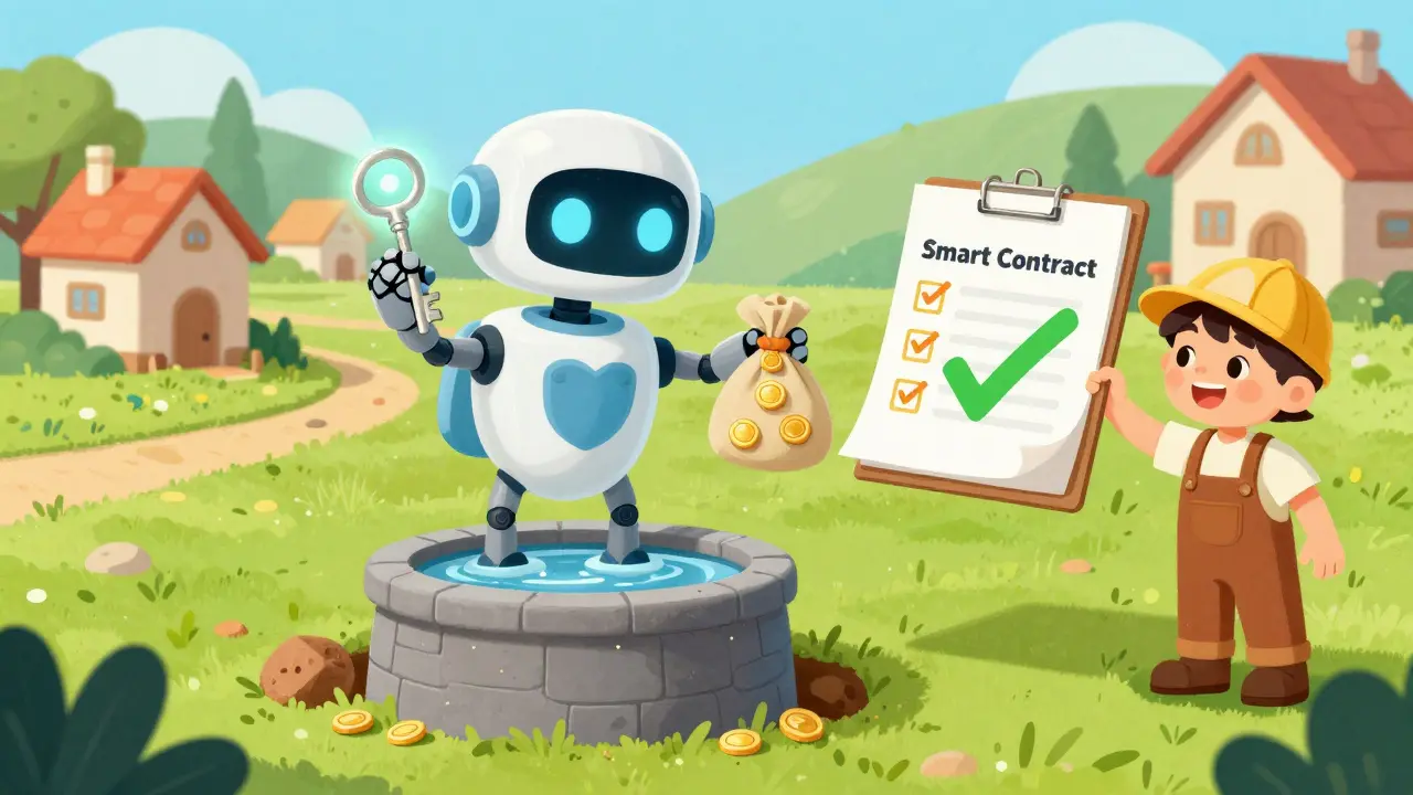 A friendly robot guardian releasing funds after a water well is successfully built.