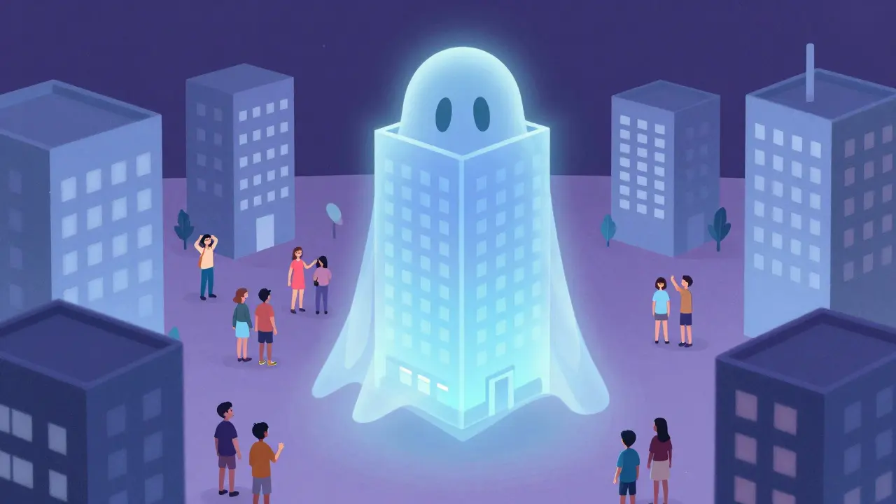 A ghostly, transparent building floating alone compared to busy, solid financial buildings.