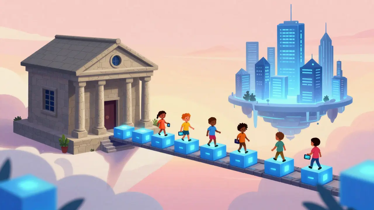 A glowing blockchain bridge connecting a traditional bank to a futuristic digital city