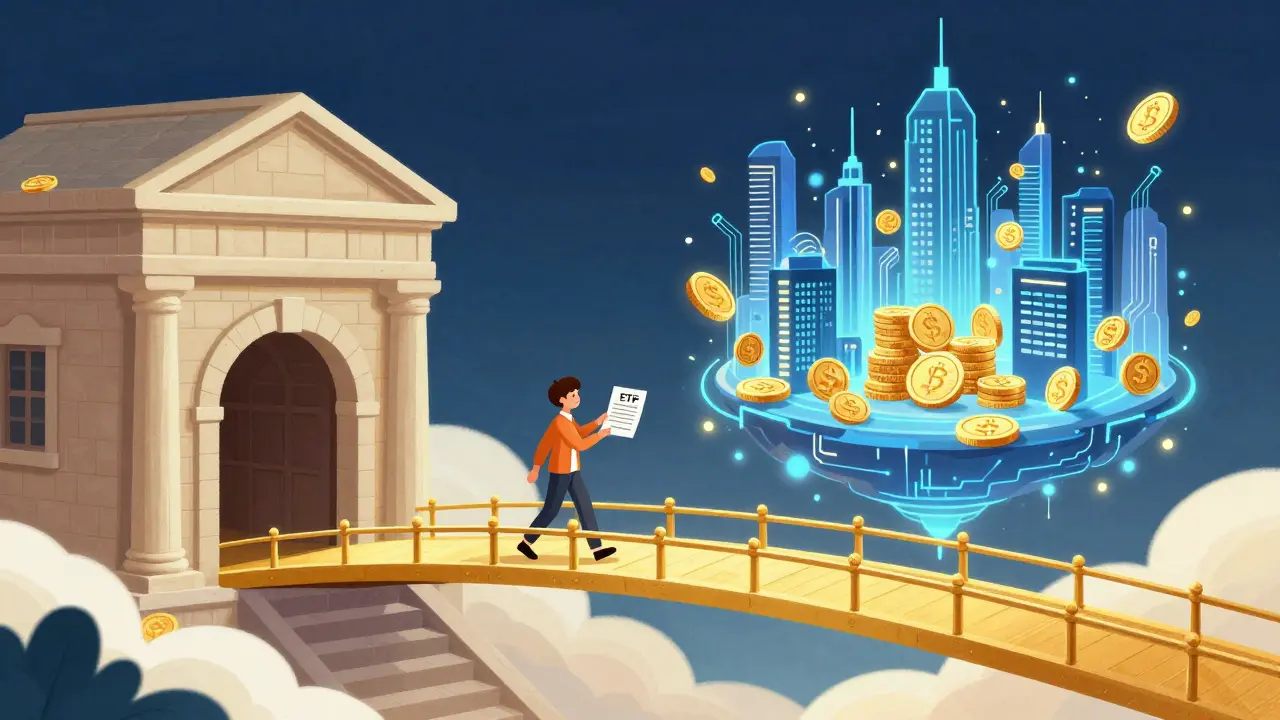 A golden bridge connecting a traditional bank vault to a futuristic digital asset city.