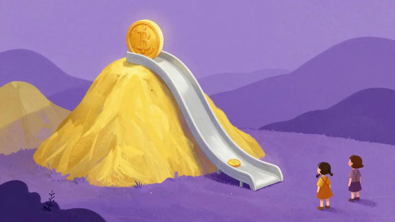 A golden coin sliding down a colorful mountain into a purple valley in a storybook style.