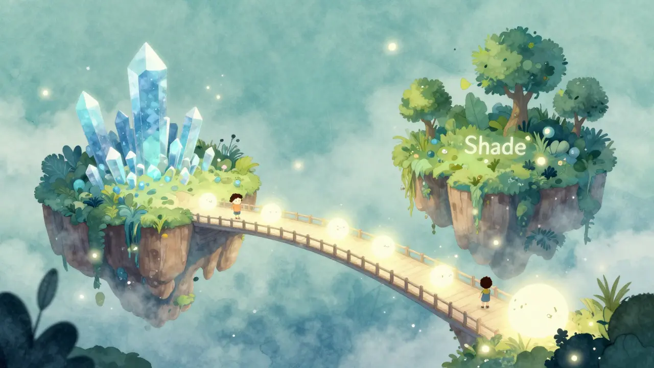 A magical bridge of light connecting two different floating digital islands.