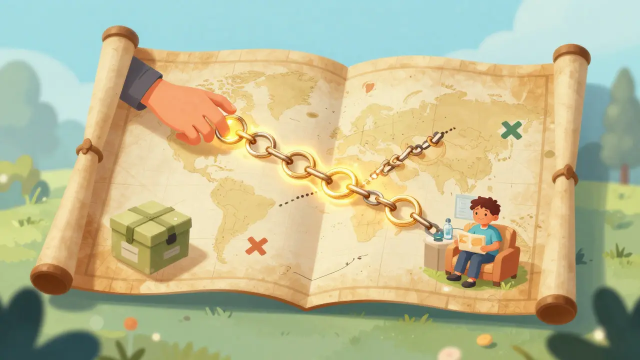 A magical digital map showing a chain of linked rings from a donor to a patient receiving supplies.