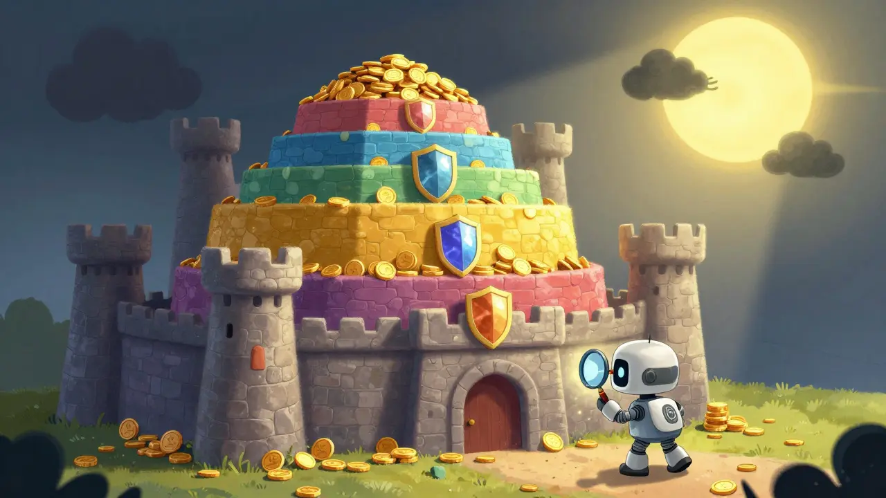 A magical six-layer fortress protecting golden coins from a shadowy cloud.