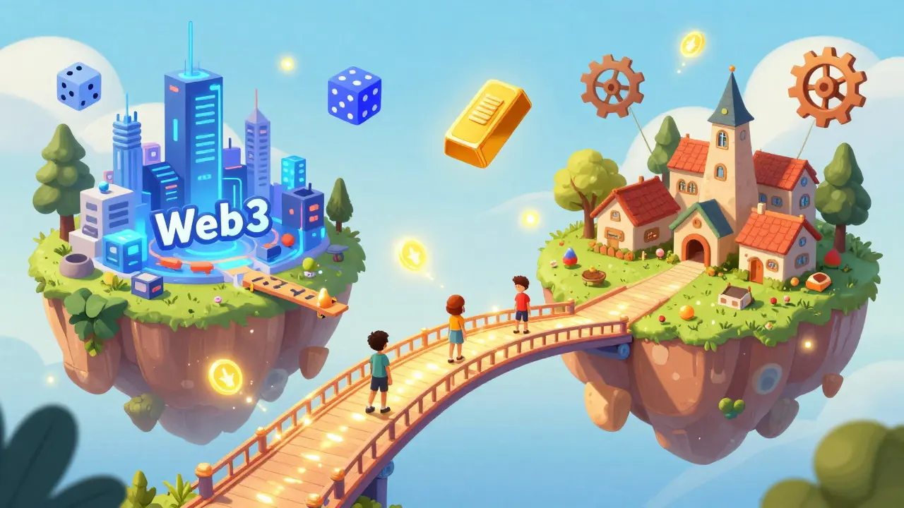 A shimmering light bridge connecting a digital city and a traditional village.