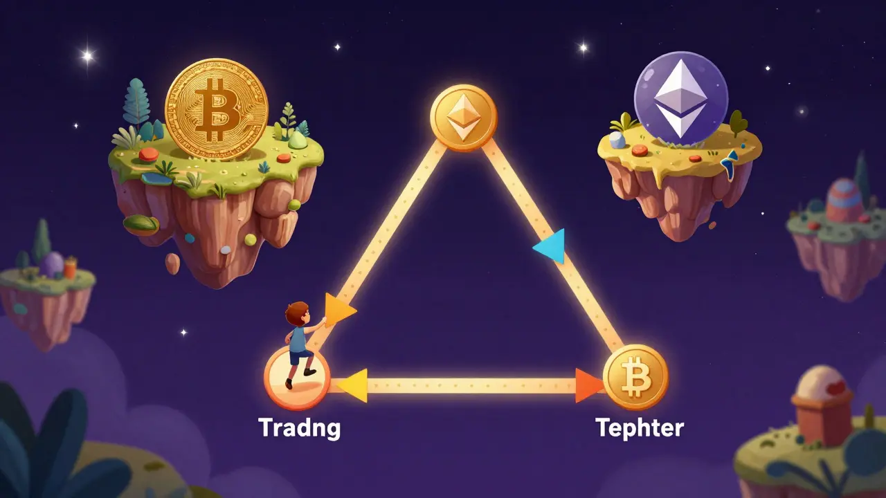 A small character hopping between floating islands of Bitcoin, Ethereum, and Tether.