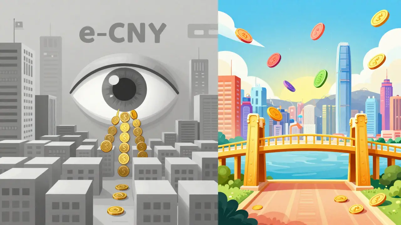 A split view of a grey controlled city and a colorful, open gateway to Hong Kong