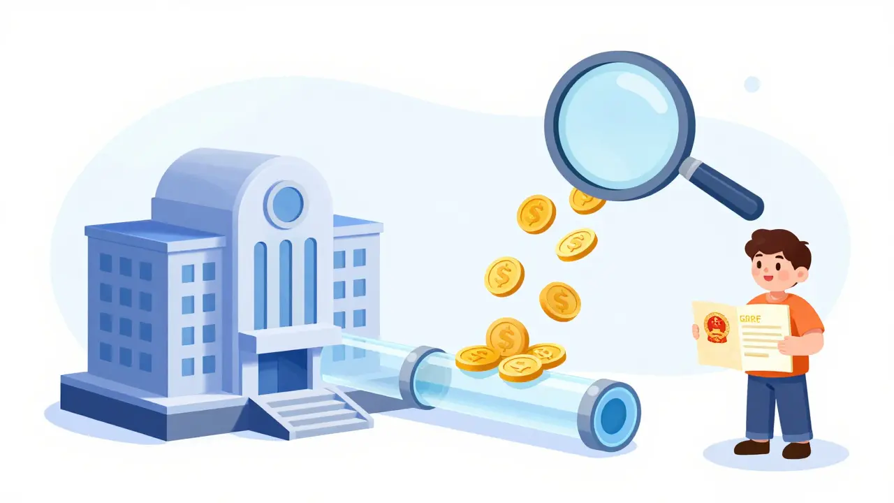 A stylized government building with a magnifying glass observing a flow of digital coins.
