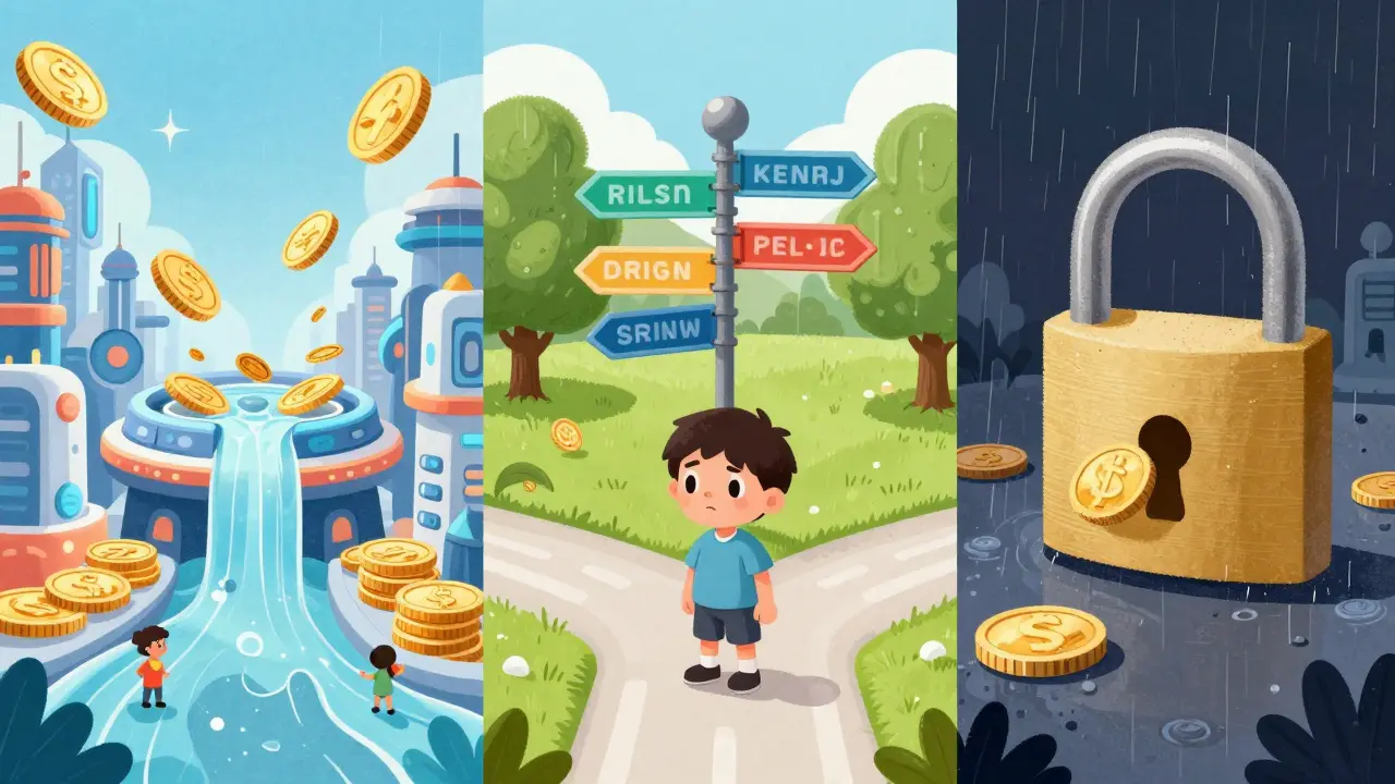 A three-part scene showing a futuristic city, a confusing crossroads, and a locked digital asset.