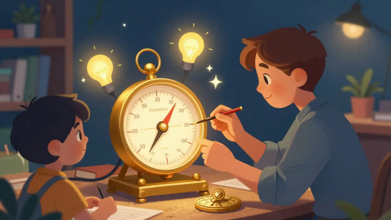 A trader assembling a magical machine that combines a speedometer and a compass.