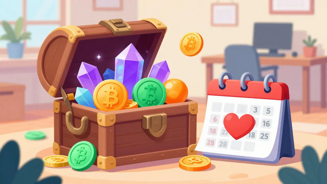 A treasure chest full of colorful crypto tokens next to a calendar marking 183 days.