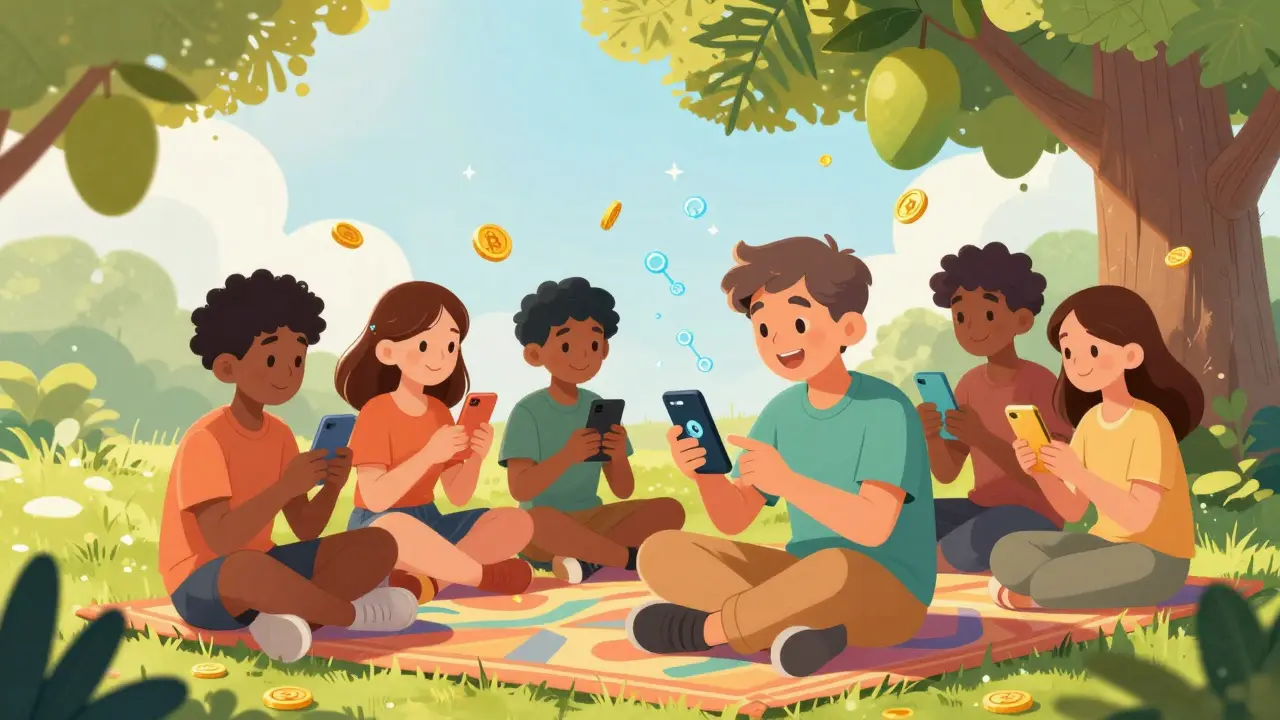 A young mentor teaching a group of adults how to use cryptocurrency under a mango tree