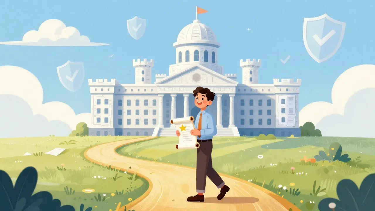 An entrepreneur carrying a scroll toward a castle-like regulatory building on a golden path.