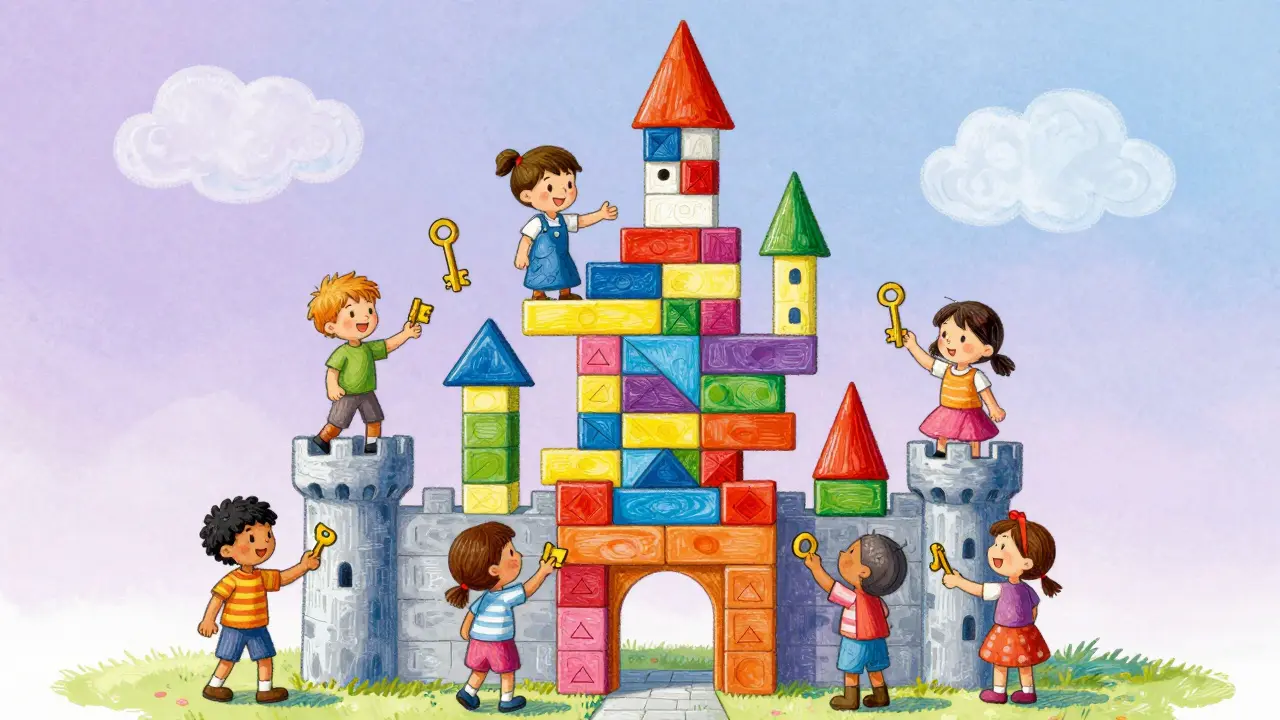 Animals building a tower with colorful blocks representing shared ownership.