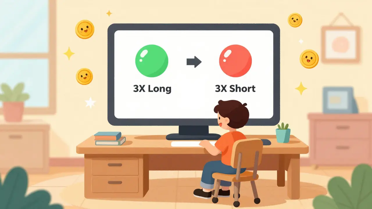 Cheerful character trading colorful bubbles on a giant screen in a cozy room.