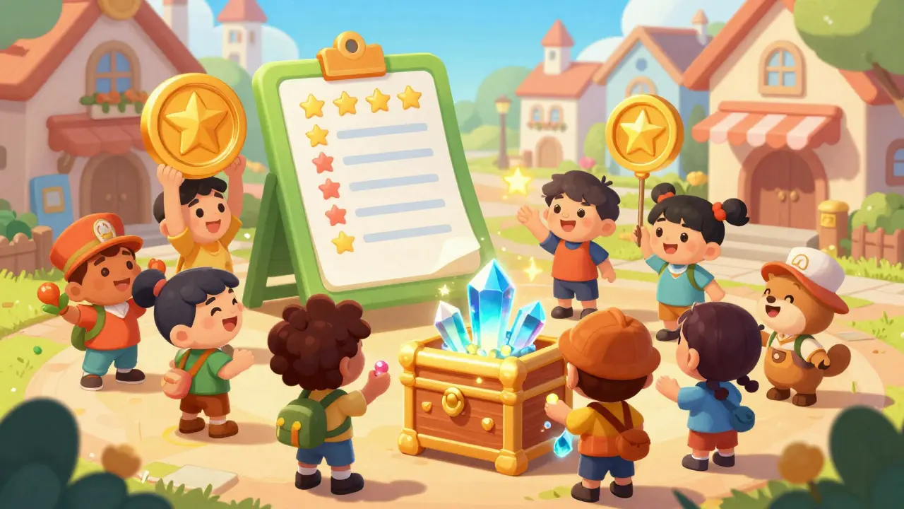 Cheerful characters collecting golden tokens and completing tasks in a vibrant town square.
