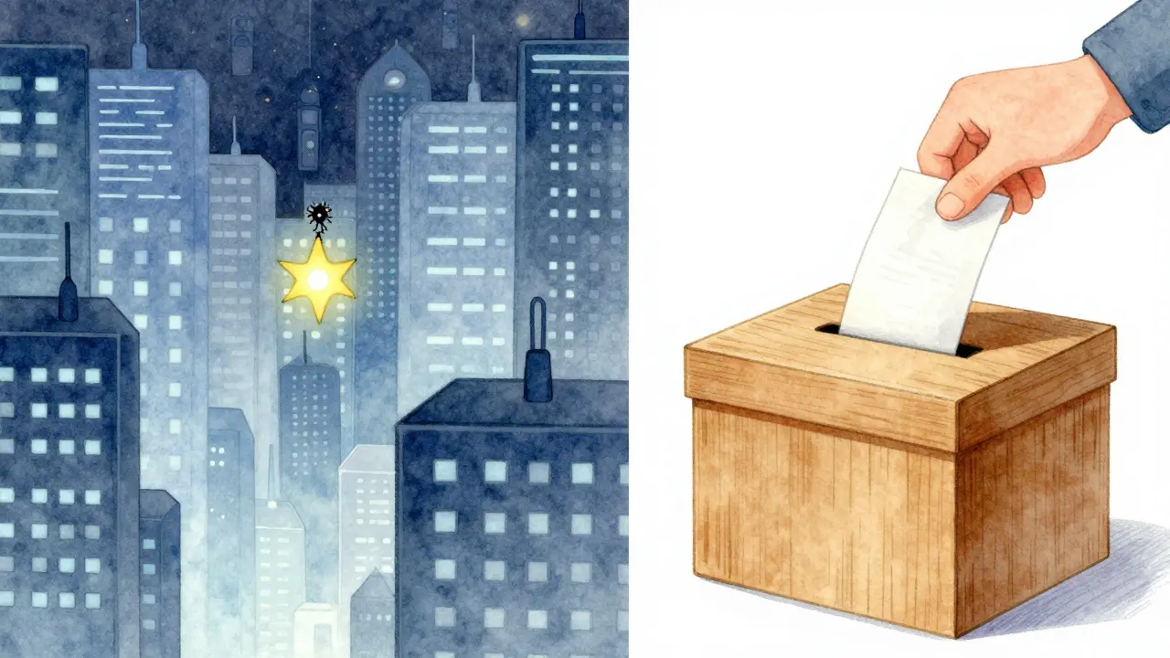 Comparison between a glitchy digital vote and a simple paper ballot in a wooden box.