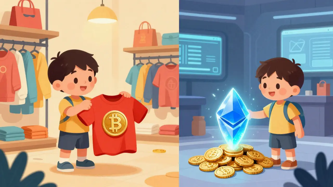 Comparison of buying a shirt with money and swapping Ethereum for Bitcoin.