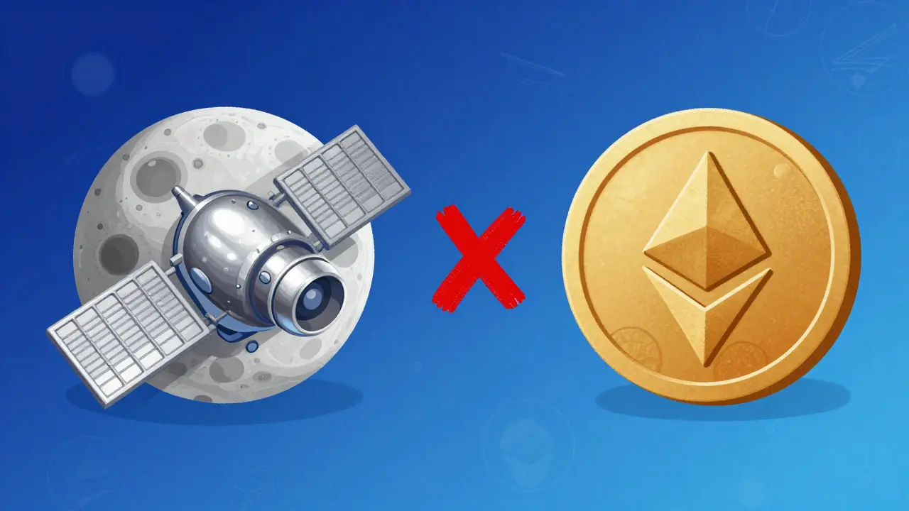 Comparison showing a space satellite and a digital coin separated by a red X