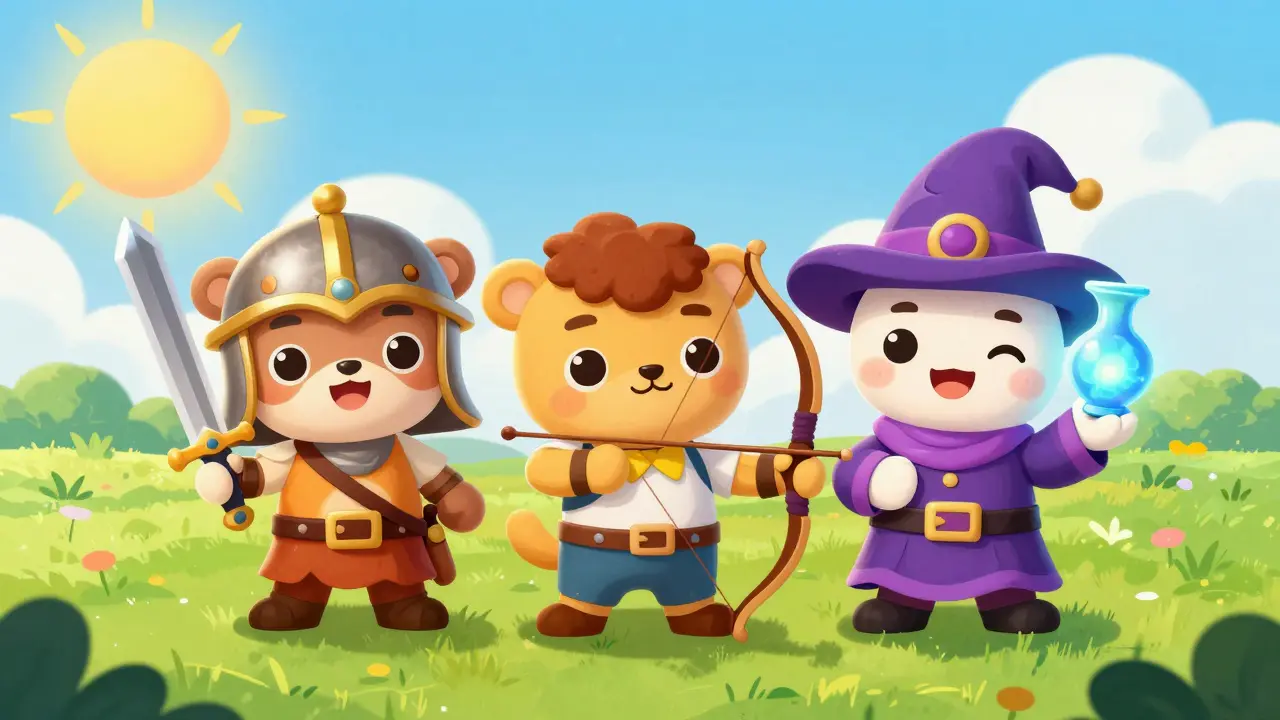 Cute storybook characters depicting a warrior, archer, and magician in a colorful meadow.