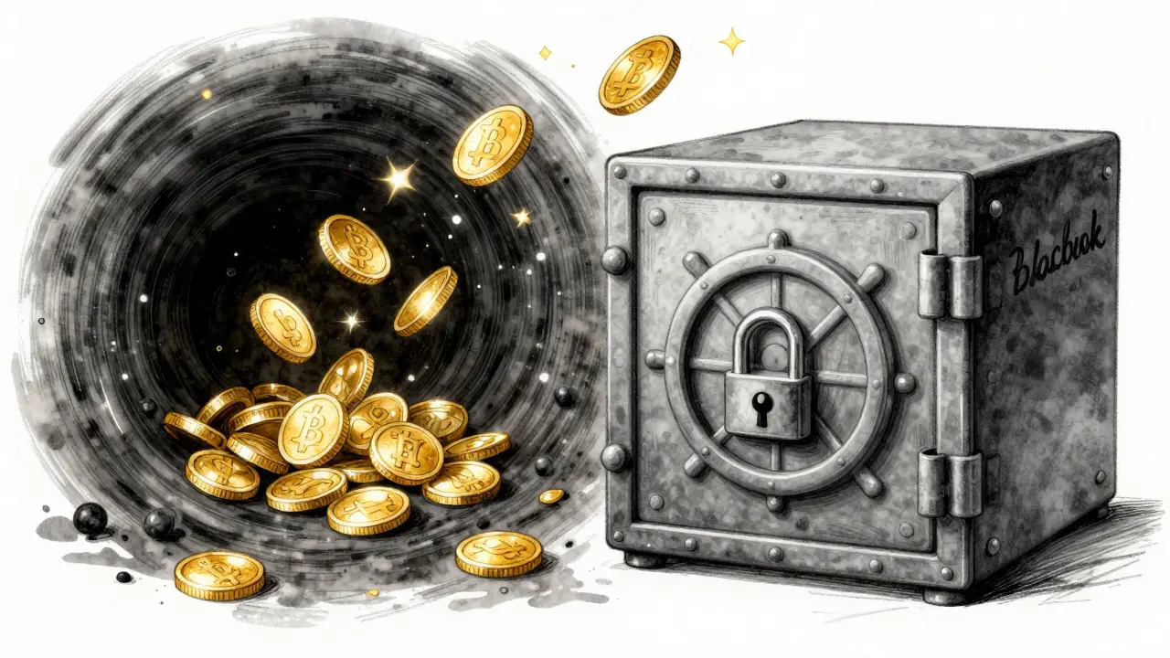 Digital coins being pulled into a dark black hole next to a secure, locked iron vault.