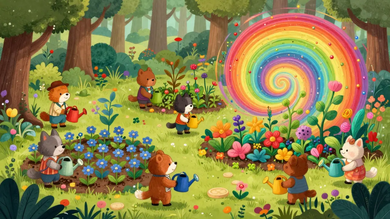 Forest animals tending to a calm blue garden and a wild, rainbow-colored volatile garden.