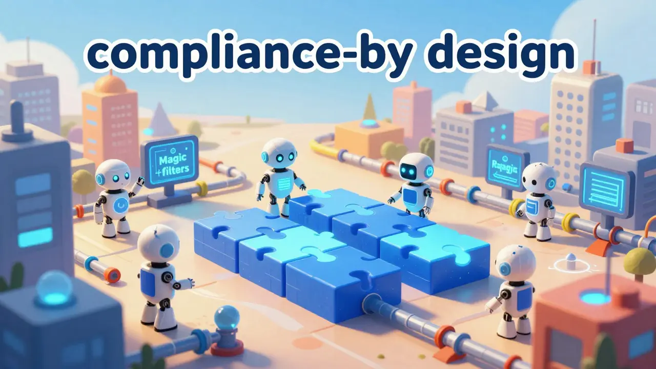 Friendly robots building a futuristic city with interlocking glowing puzzle pieces.