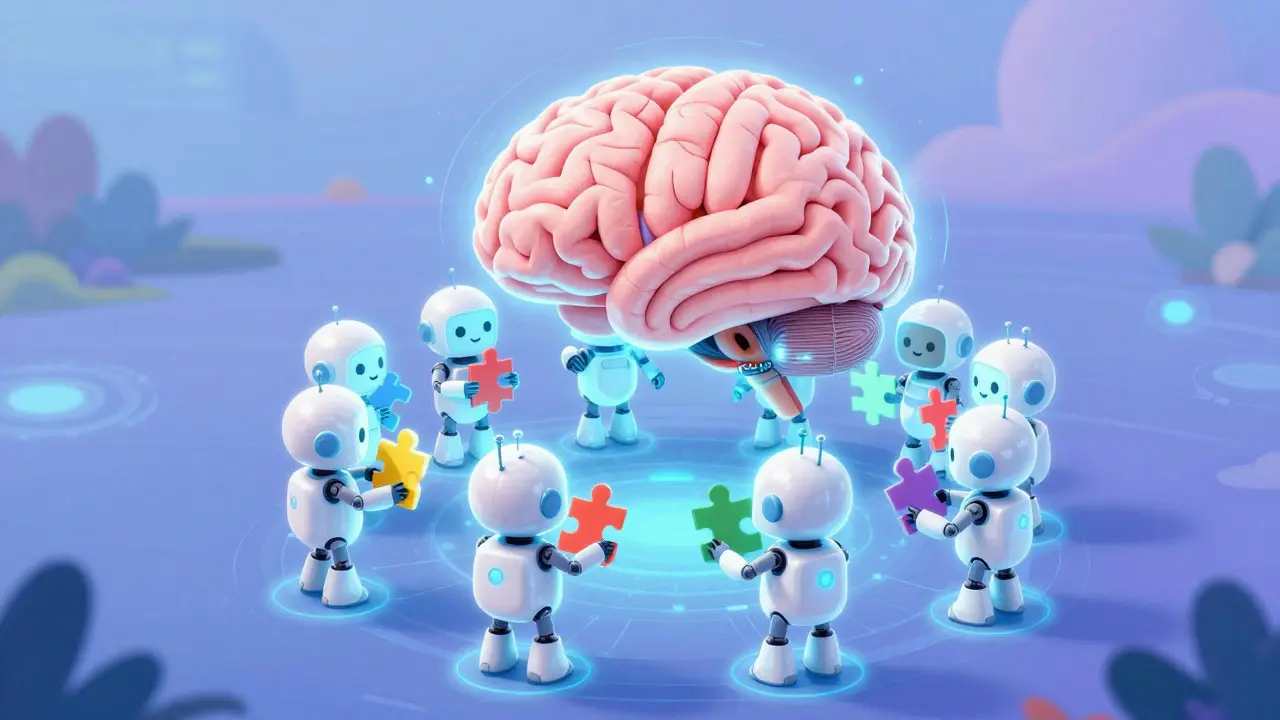 Friendly robots collaborating to bring data pieces to a glowing brain.