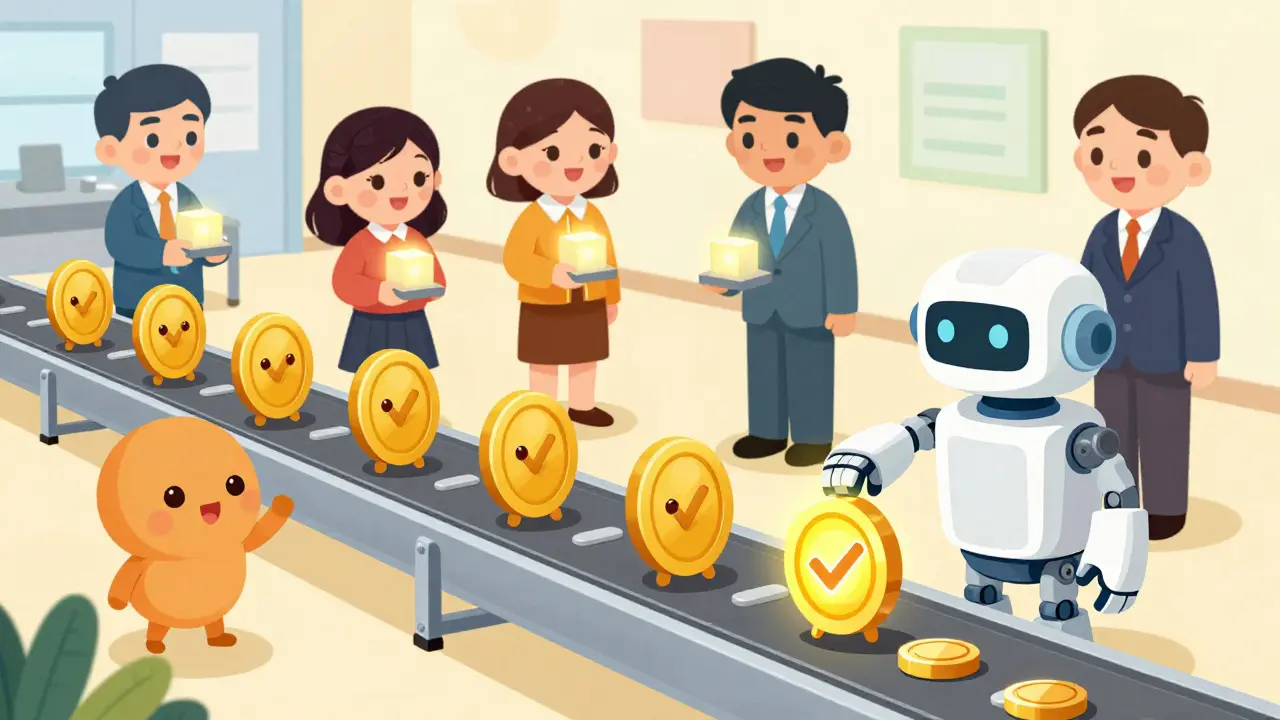 Golden voting tokens on a conveyor belt being processed by a friendly robot.