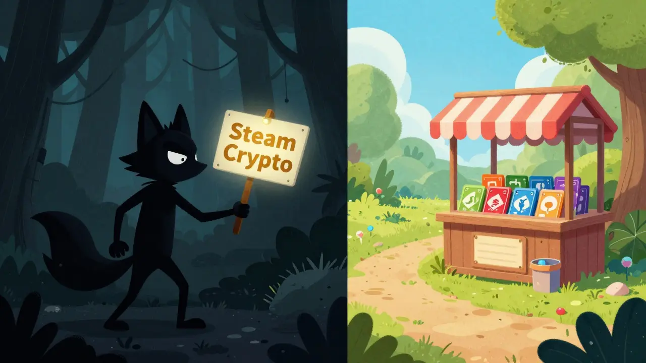 Illustration contrasting a deceptive fox with a fake crypto sign and a bright, safe gift card kiosk