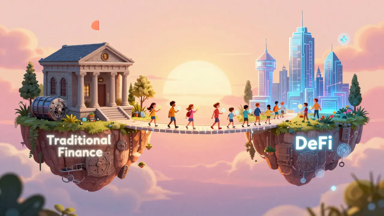 People crossing a shimmering digital bridge between a traditional bank and a futuristic city.